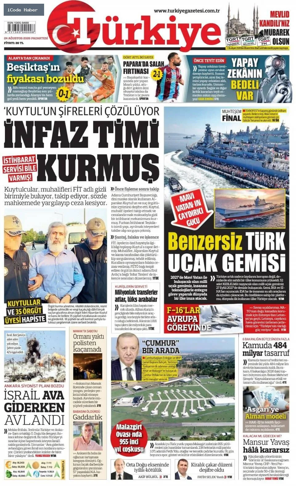 Türkiye denklemi değiştirdi: Netanyahu'nun hayali çöktü! - 24 Ağustos 2026 gazete manşetleri