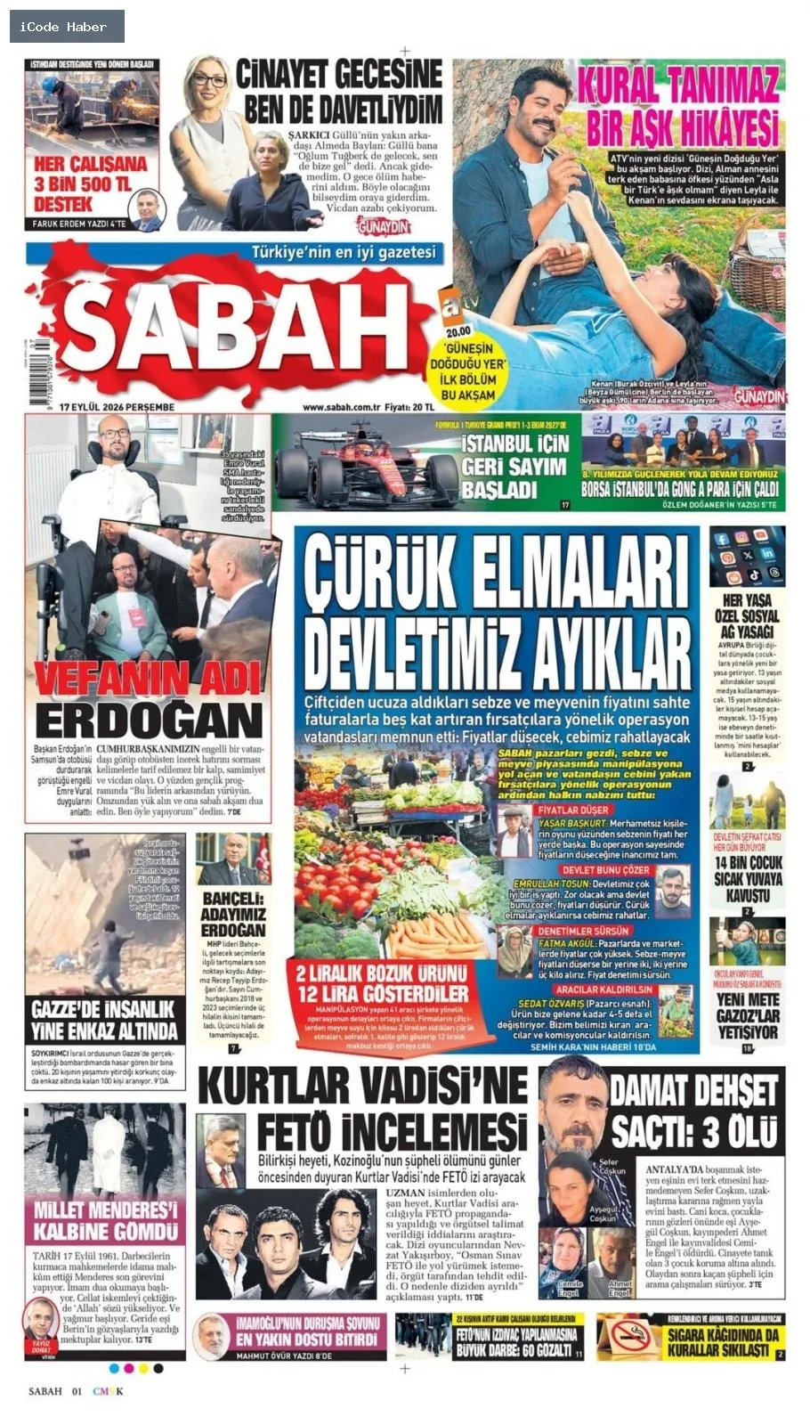 Tarladan sofraya uzanan yol bitmiyor! Vurguncuların saadet zinciri - 17 Eylül 2026 gazete manşetleri