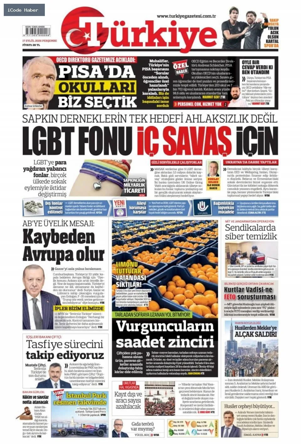 Tarladan sofraya uzanan yol bitmiyor! Vurguncuların saadet zinciri - 17 Eylül 2026 gazete manşetleri