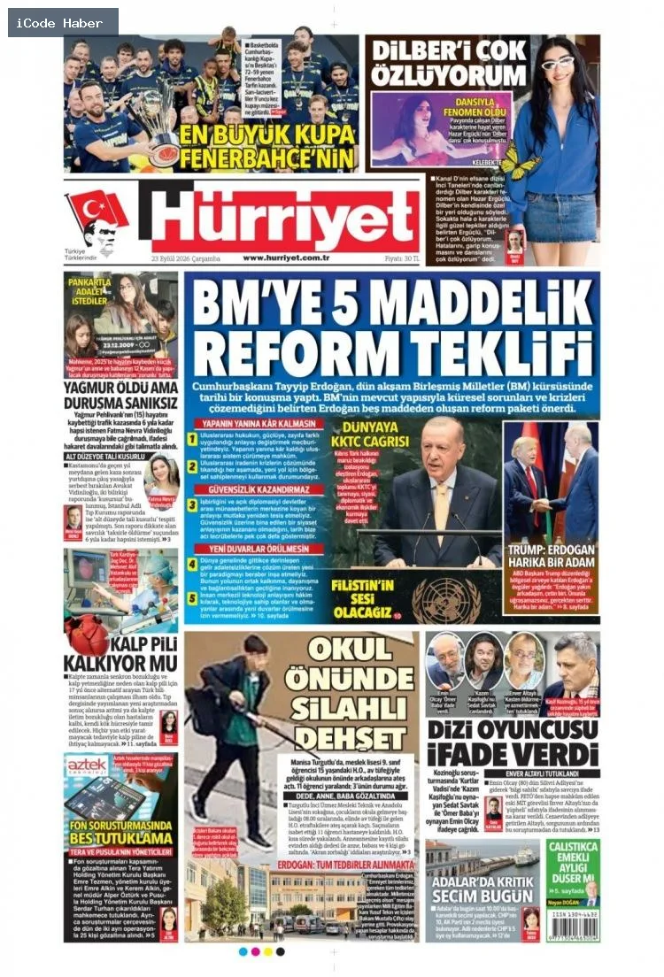 Erdoğan'dan BM'ye 5 maddelik reform teklifi - 23 Eylül 2026 gazete manşetleri