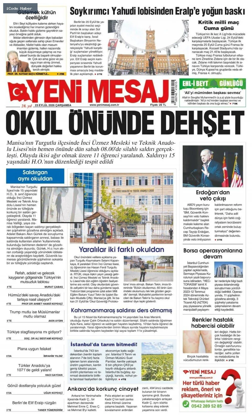 Erdoğan'dan BM'ye 5 maddelik reform teklifi - 23 Eylül 2026 gazete manşetleri