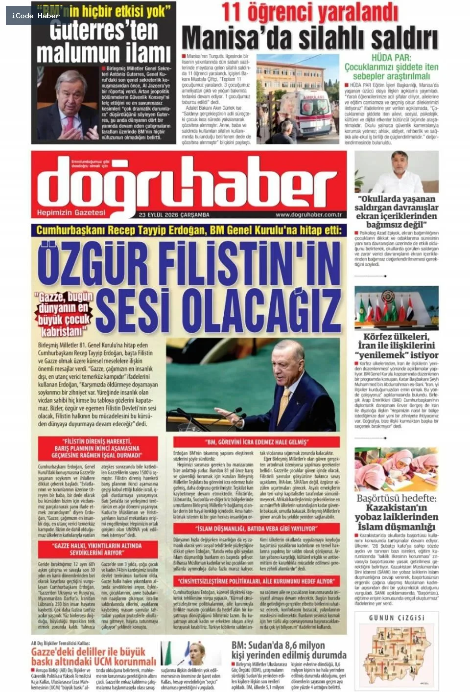 Erdoğan'dan BM'ye 5 maddelik reform teklifi - 23 Eylül 2026 gazete manşetleri
