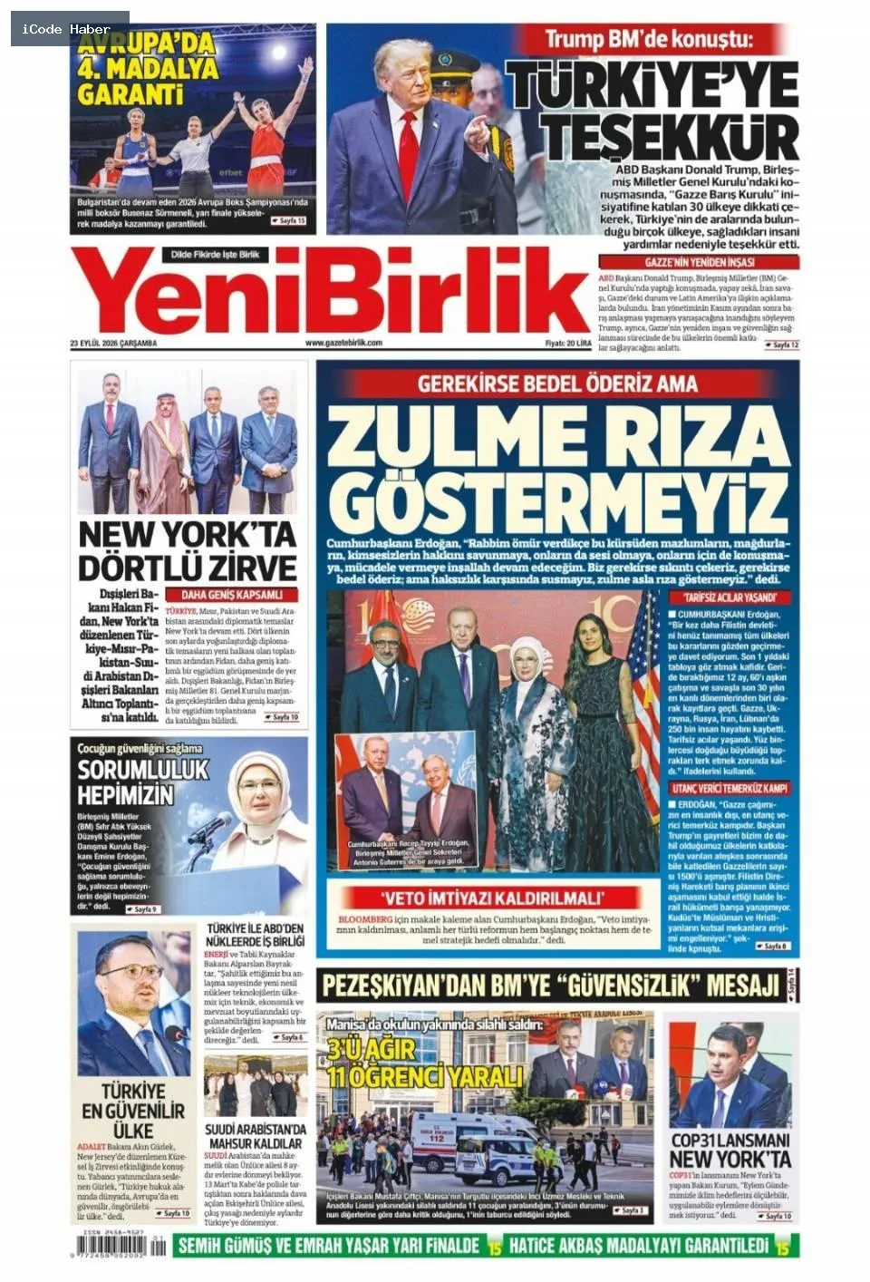 Erdoğan'dan BM'ye 5 maddelik reform teklifi - 23 Eylül 2026 gazete manşetleri