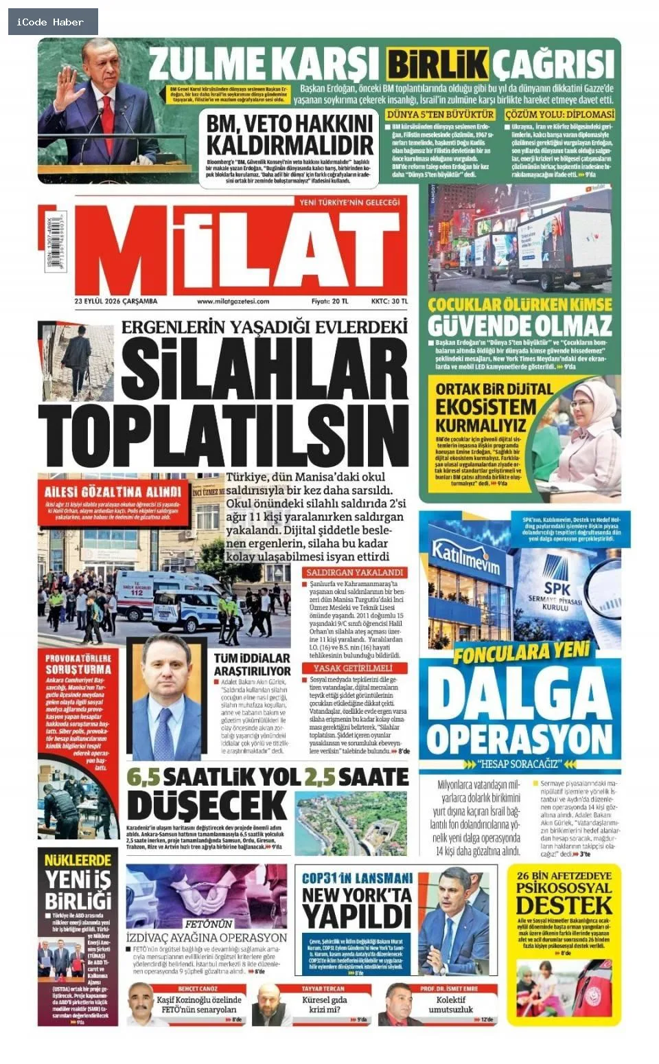 Erdoğan'dan BM'ye 5 maddelik reform teklifi - 23 Eylül 2026 gazete manşetleri