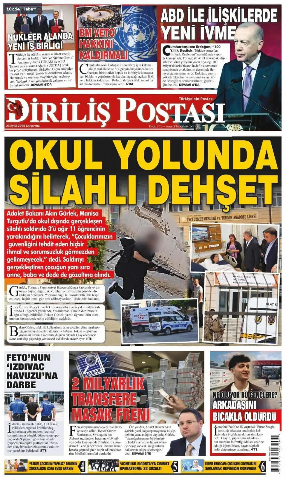 Erdoğan'dan BM'ye 5 maddelik reform teklifi - 23 Eylül 2026 gazete manşetleri