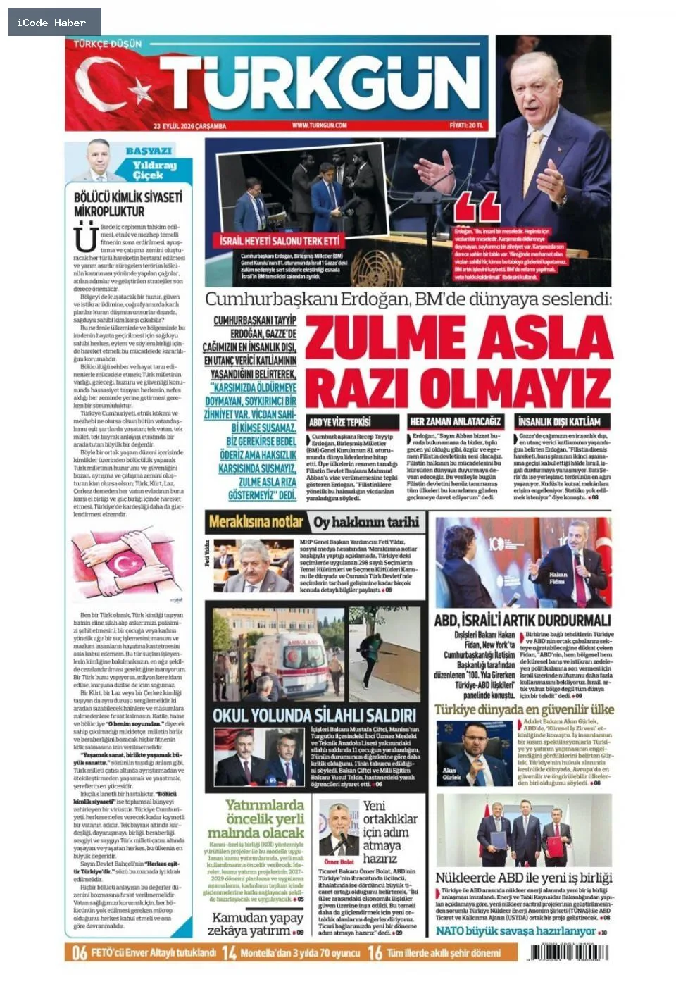Erdoğan'dan BM'ye 5 maddelik reform teklifi - 23 Eylül 2026 gazete manşetleri