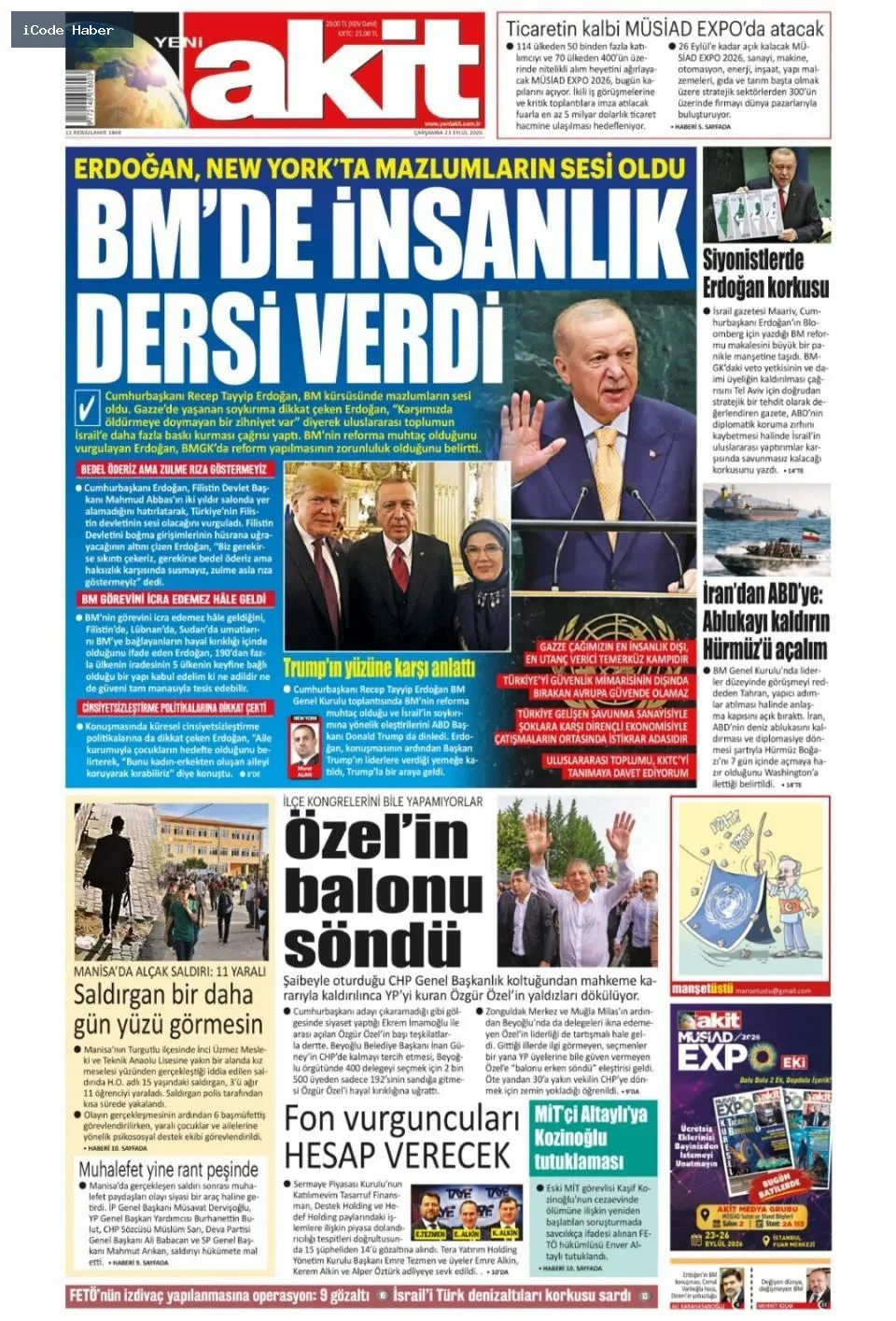 Erdoğan'dan BM'ye 5 maddelik reform teklifi - 23 Eylül 2026 gazete manşetleri