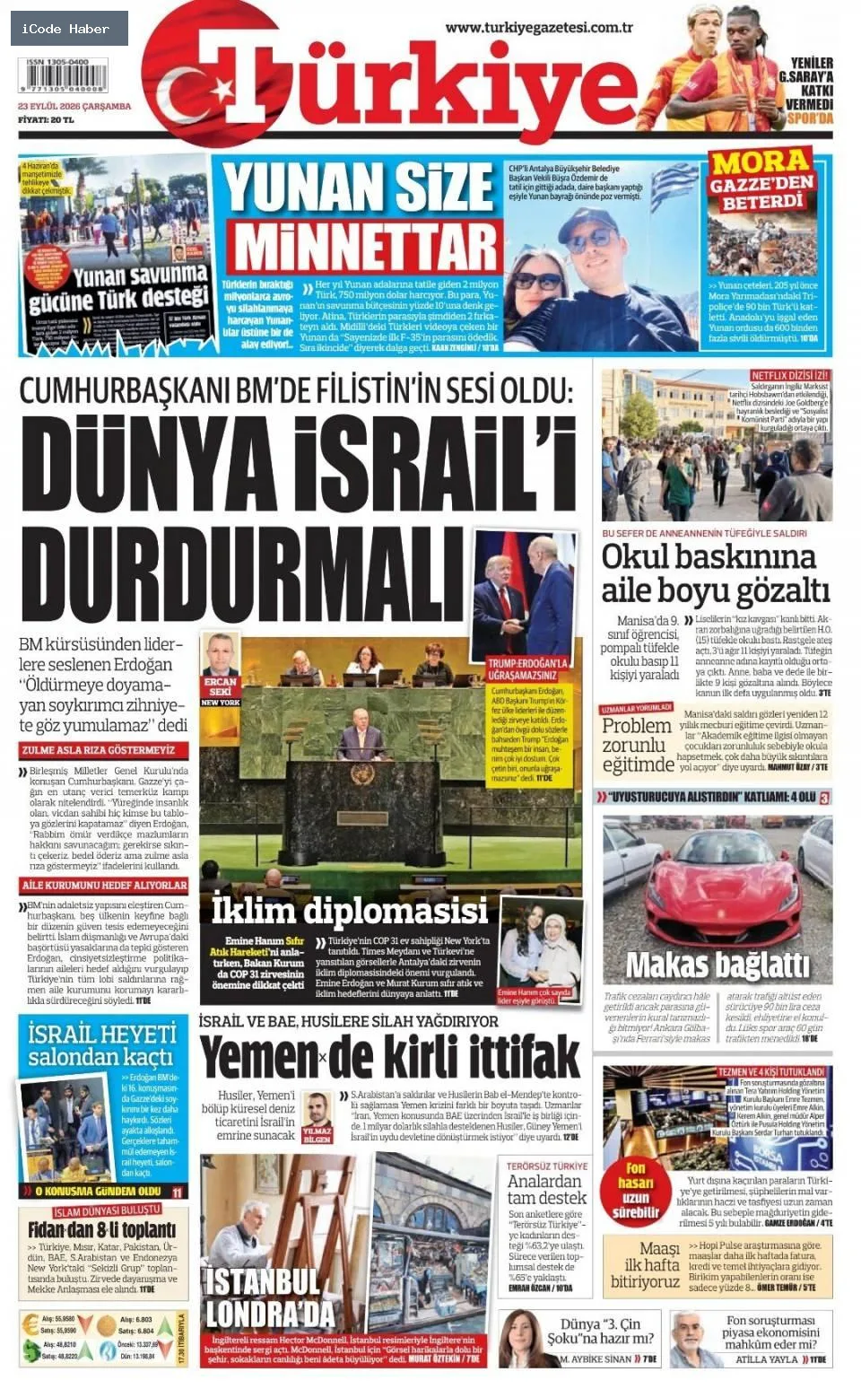 Erdoğan'dan BM'ye 5 maddelik reform teklifi - 23 Eylül 2026 gazete manşetleri