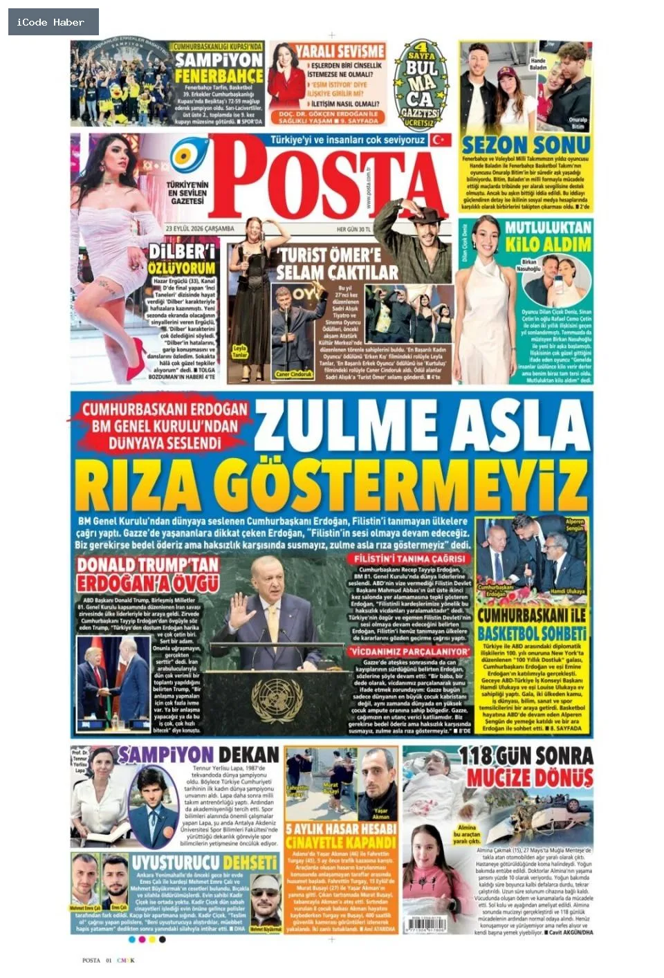 Erdoğan'dan BM'ye 5 maddelik reform teklifi - 23 Eylül 2026 gazete manşetleri