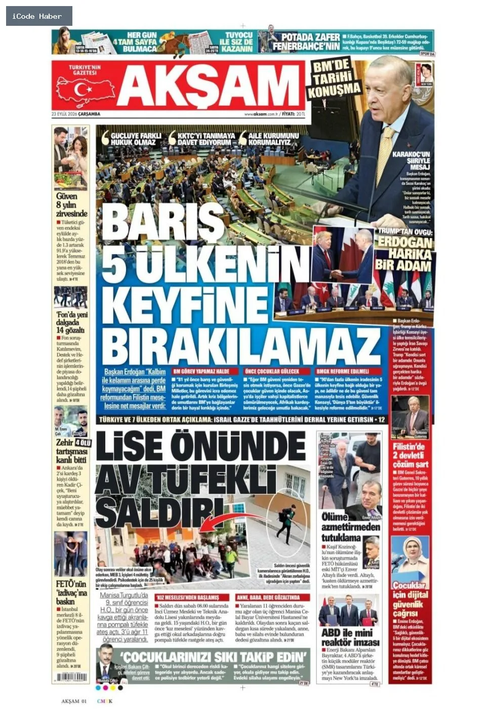 Erdoğan'dan BM'ye 5 maddelik reform teklifi - 23 Eylül 2026 gazete manşetleri