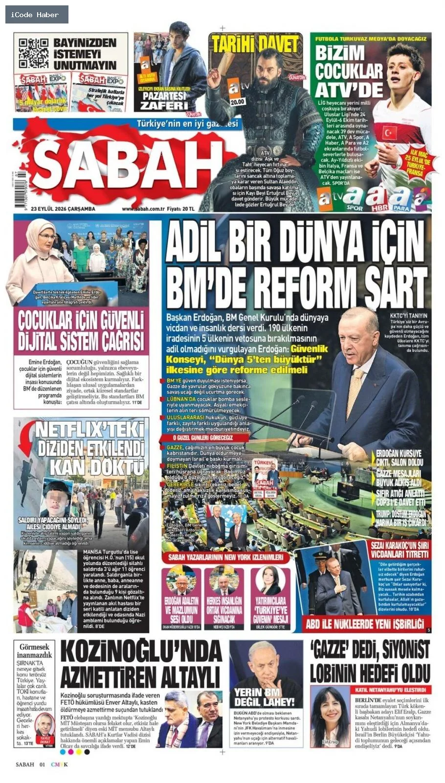Erdoğan'dan BM'ye 5 maddelik reform teklifi - 23 Eylül 2026 gazete manşetleri
